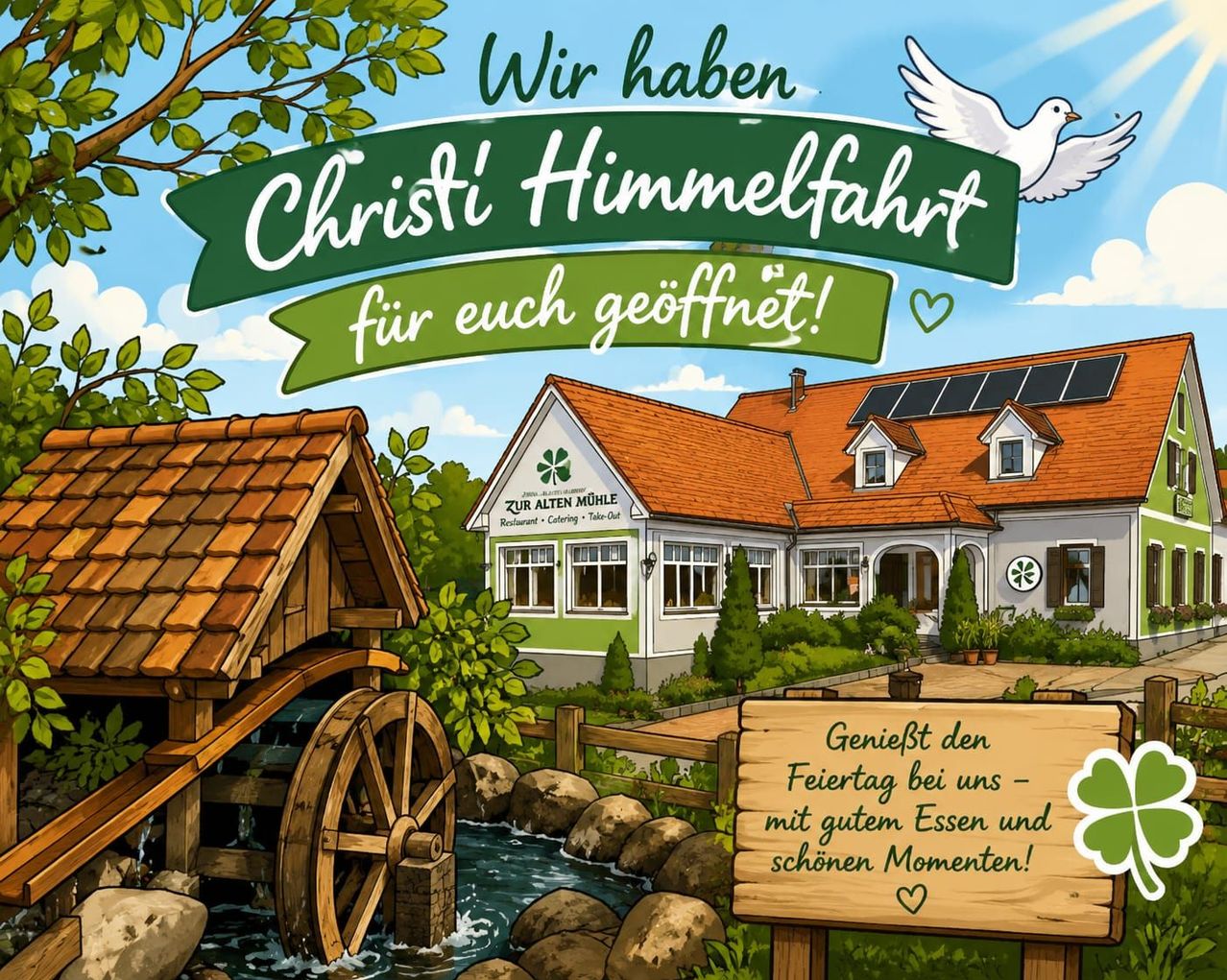 An illustrated house with a mill, water wheel, and solar panels. A sign reads, 'We have opened for you!' and 'Enjoy the holiday with us!'