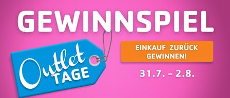 Ein Werbeposter zeigt einen blauen Anhänger mit 'WINNSP' darüber und einem Datum '31.7.' darunter. Es bewirbt eine Einkaufsveranstaltung.
