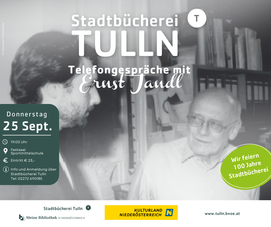 A black and white poster for Stadtbibliothek Tulln promotes a phone conversation with Ernst Jandl on Tuesday, September. It includes a library setting, a phone, and contact information.