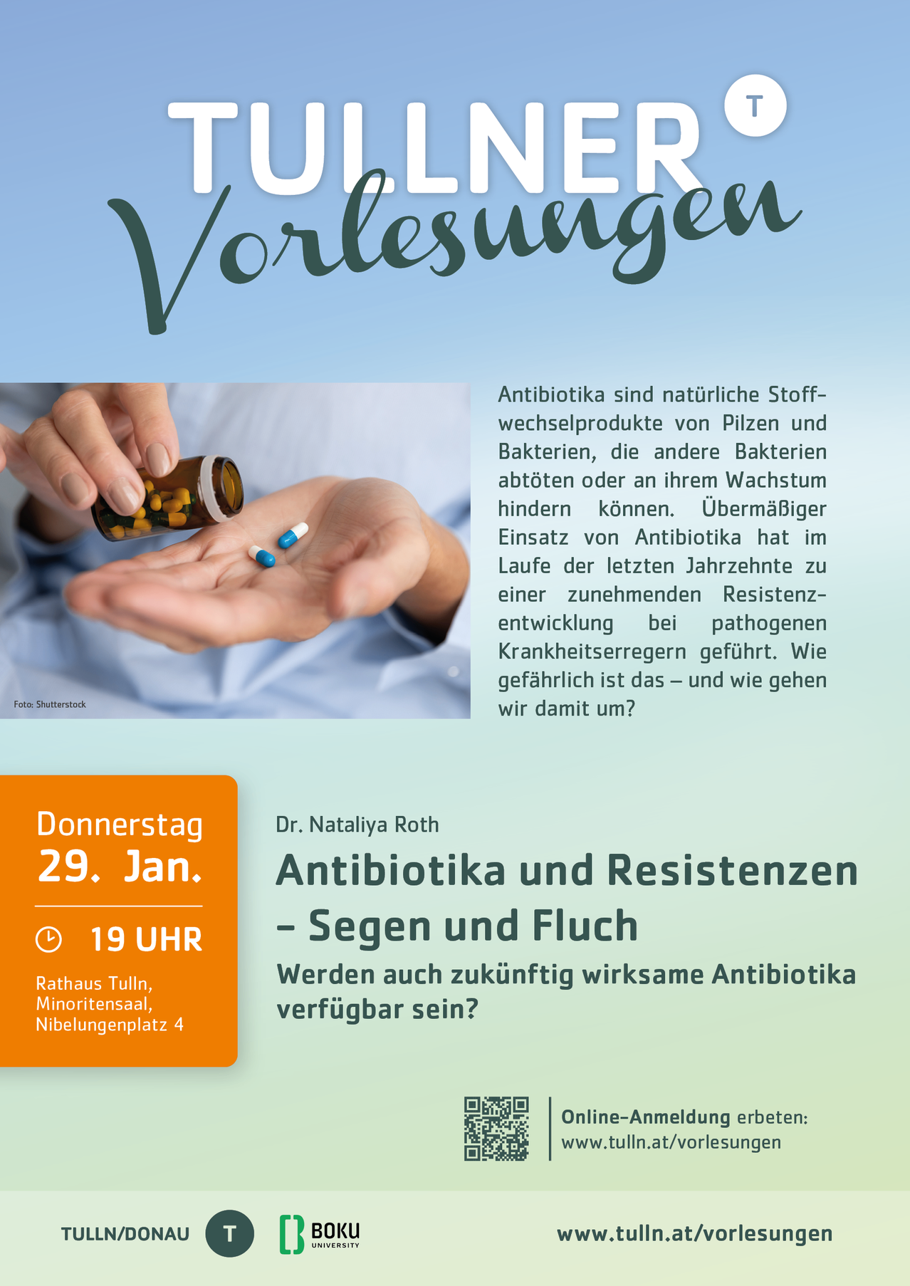 Ein Bild einer Person, die eine Flasche mit Pillen hält. Der Text handelt von Antibiotika und Resistenzen, wobei die übermäßige Verwendung und die daraus resultierenden Gesundheitsrisiken diskutiert werden.