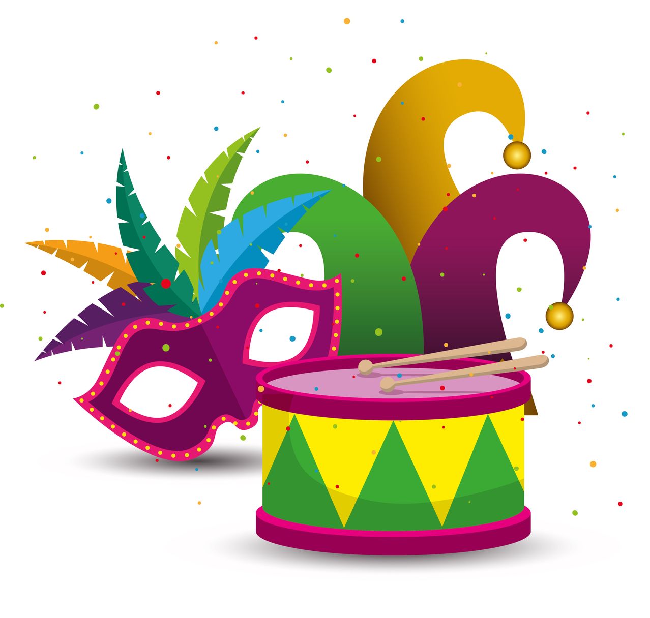 A vibrant illustration of carnival elements, including a drum, a mask, and feathers, surrounded by confetti on a white background.