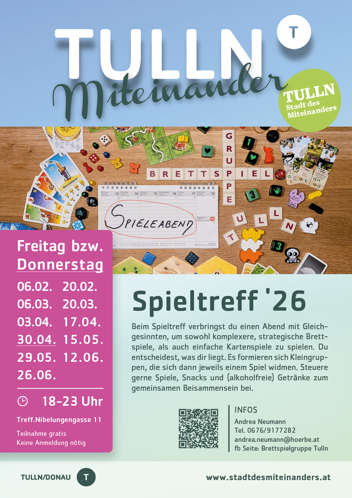 Spieltermine: 06.02., 20.02., 06.03., 20.03., 03.04., 17.04., 30.04., 15.05., 29.05., 12.06., 26.06. Freitags bzw. Donnerstags 18-23 Uhr. Spieleabend mit Gesellschaftsspielen und Kartenspielen.