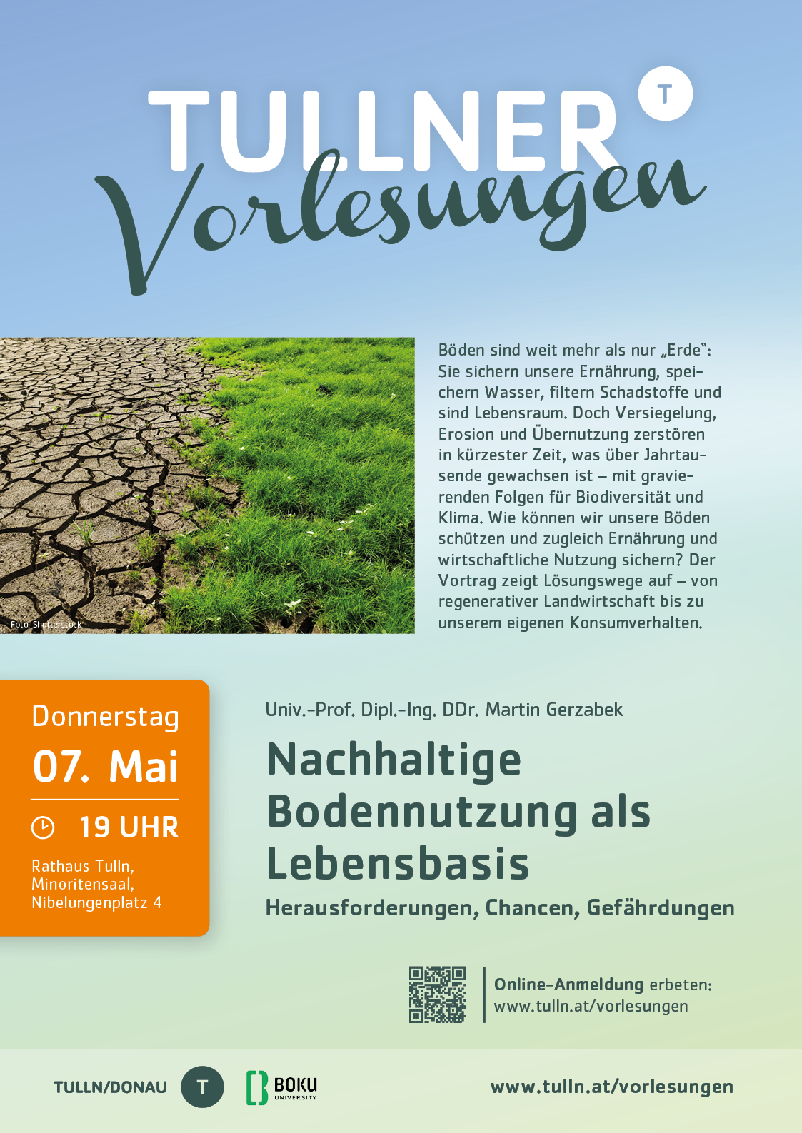 Das Bild zeigt einen Vergleich der Bodenerosion, ein Datum und einen Vortragstitel. Es geht um nachhaltige Bodennutzung und Herausforderungen.