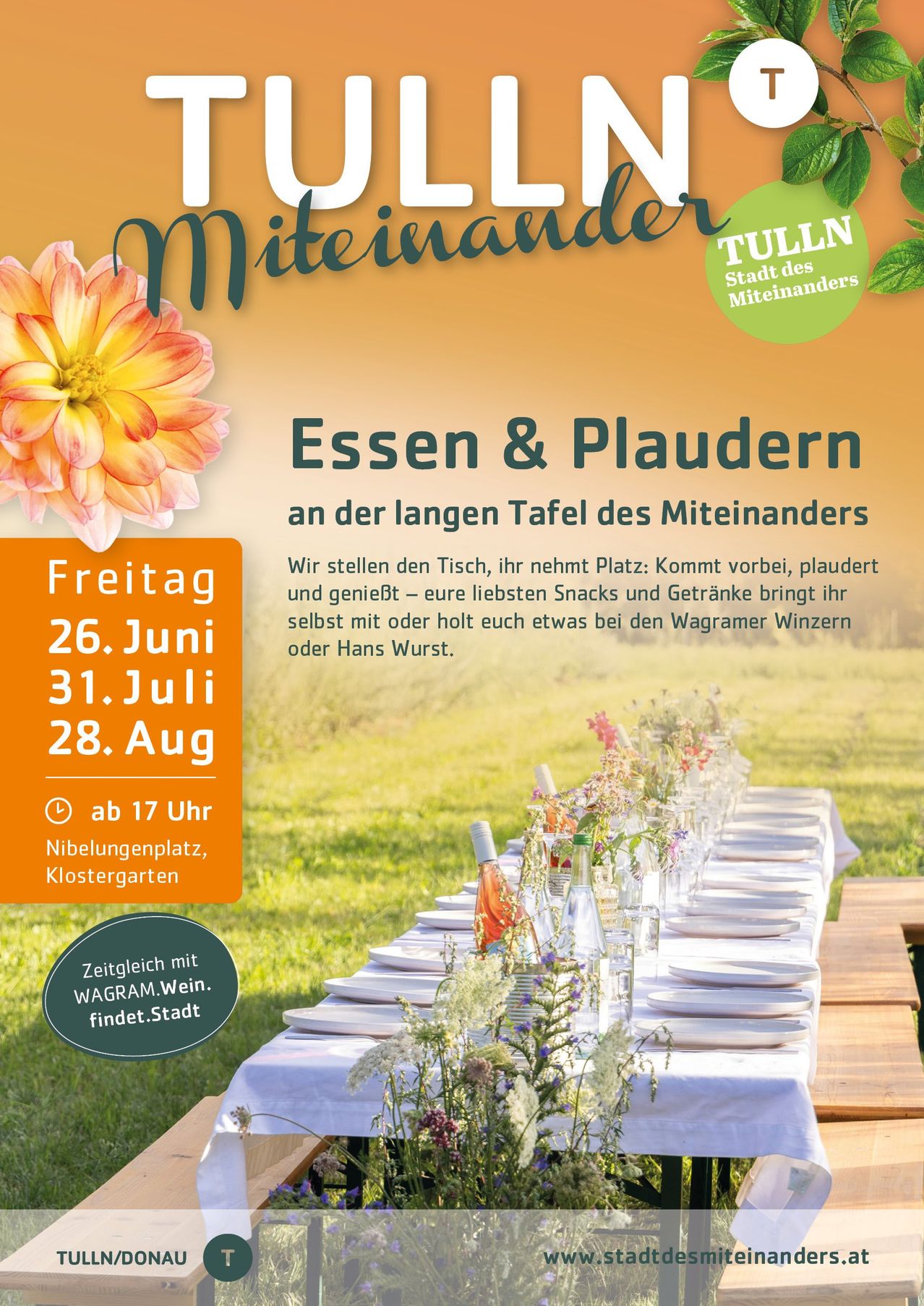 Eine Anzeige für Miteinander Essen & Plaudern. Termine: 26. Juni, 31. Juli, 28. August. Zeit: 17 Uhr. Ort: Nibungenplatz, Klostergarten. Ein Tisch für ein Essen mit Blumen.