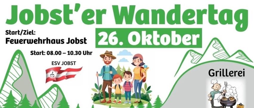 Ein Plakat für eine Familienwanderungsveranstaltung namens Post'er Wander. Es zeigt eine vierköpfige Familie und eine Flagge mit dem Text 'ESV JOBST'. Die Veranstaltung findet am 26. Oktober von 8:00 bis 10:30 Uhr statt.