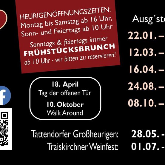 Eine Anzeige mit schwarzem Hintergrund und rotem Text zeigt Öffnungszeiten für verschiedene Veranstaltungen, einschließlich Frühstück an Sonntagen und Feiertagen, und erwähnt bestimmte Daten. Ein QR-Code und ein Facebook-Symbol sind ebenfalls vorhanden.