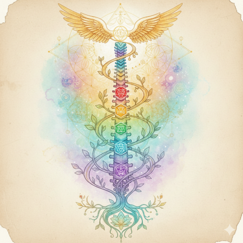 Illustration, die eine Wirbelsäule mit Chakren und farbigen Elementen um sie herum zeigt. Jedes Chakra wird durch eine einzigartige Farbe und ein Symbol dargestellt.