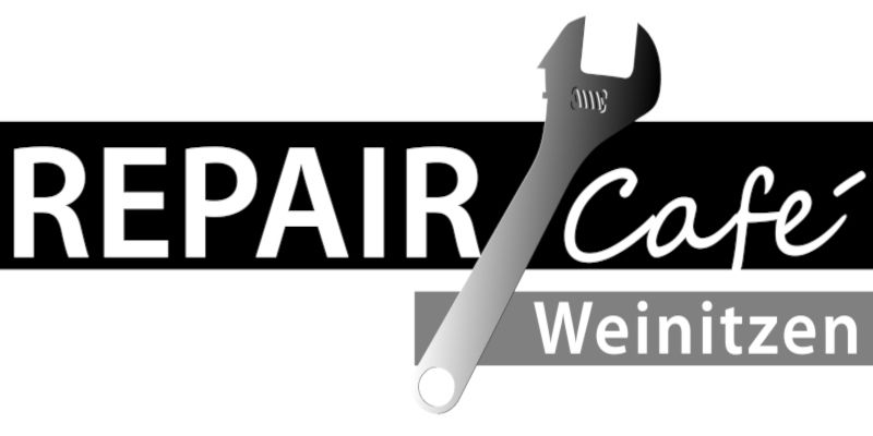 Das Logo für den Reparatur Cafe Weinitzer. Eine Schraube und die Worte sind auf schwarzem und weissem Hintergrund abgebildet.