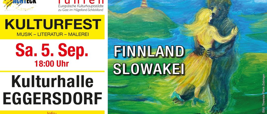 Ein Plakat für die europäische Kulturhauptstadt-Veranstaltung in Finnland, mit einer Frau in einem gelben Kleid und einer Landschaft mit Turm und Meer.