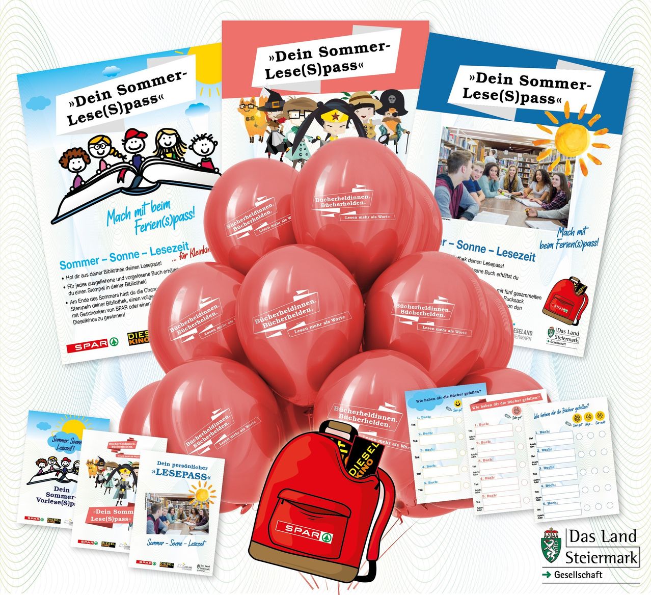 Ein Werbebild für ein Sommerleseprogramm mit einem roten Rucksack, roten Luftballons und verschiedenen Lesematerialien. Das Bild enthält einen Slogan 'Dein Sommer-Lese(s)pass' und ein Logo für 'Das Land Steiermark Gesellschaft'.