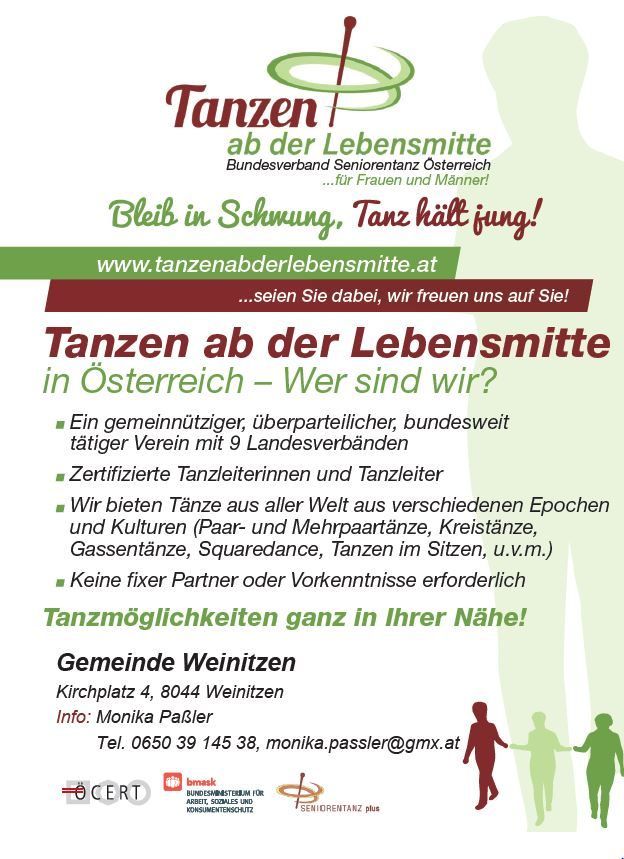 Plakat für Tanzen ab der Lebensmittel, einen Tanzclub in Weinitzen, Österreich. Zeigt eine Silhouette tanzender Menschen und Kontaktdaten.