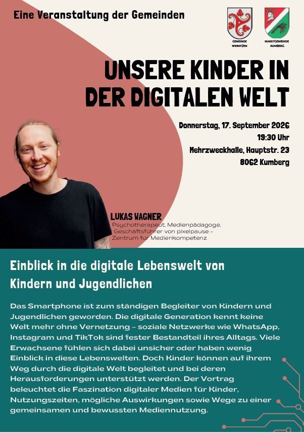 Plakat für einen Vortrag von Lukas Wagner über die digitale Welt von Kindern, mit einem lächelnden Mann und Angaben zum Veranstaltungsdatum, Uhrzeit und Ort.