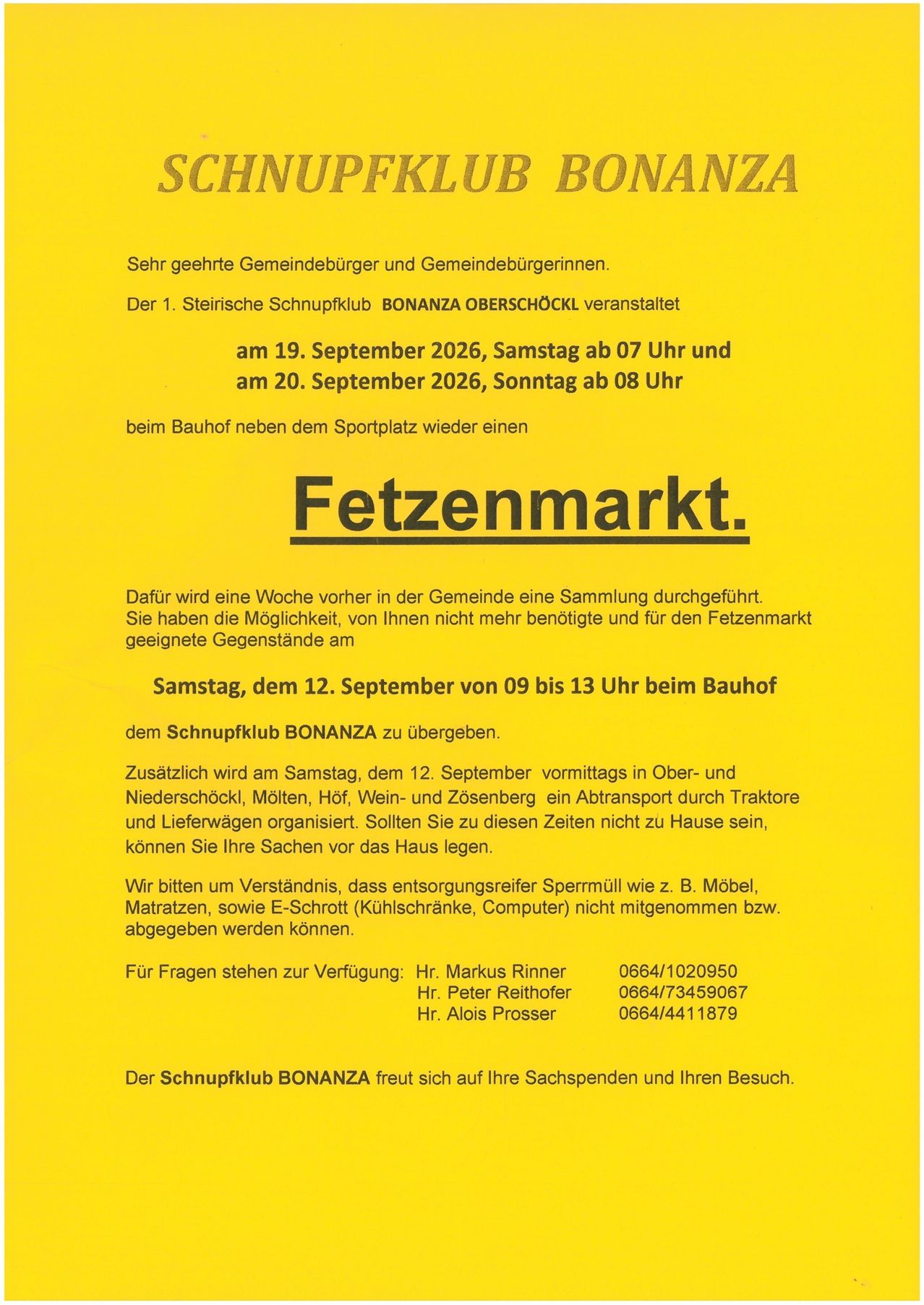 Plakat für einen Stoffmarkt, veranstaltet vom 1. Steirischen Schnupfclub BONANZA OBERSCHOCKL am 19. und 20. September 2026. Die Veranstaltung findet am Bahnhof neben dem Sportplatz statt. Eine Sammlung von unerwünschten Gegenständen findet am 12. September 2026 von 09:00 bis 13:00 Uhr am Bahnhof statt. Zusätzlicher Transport ist am 12. September 2026 morgens und nachmittags verfügbar.