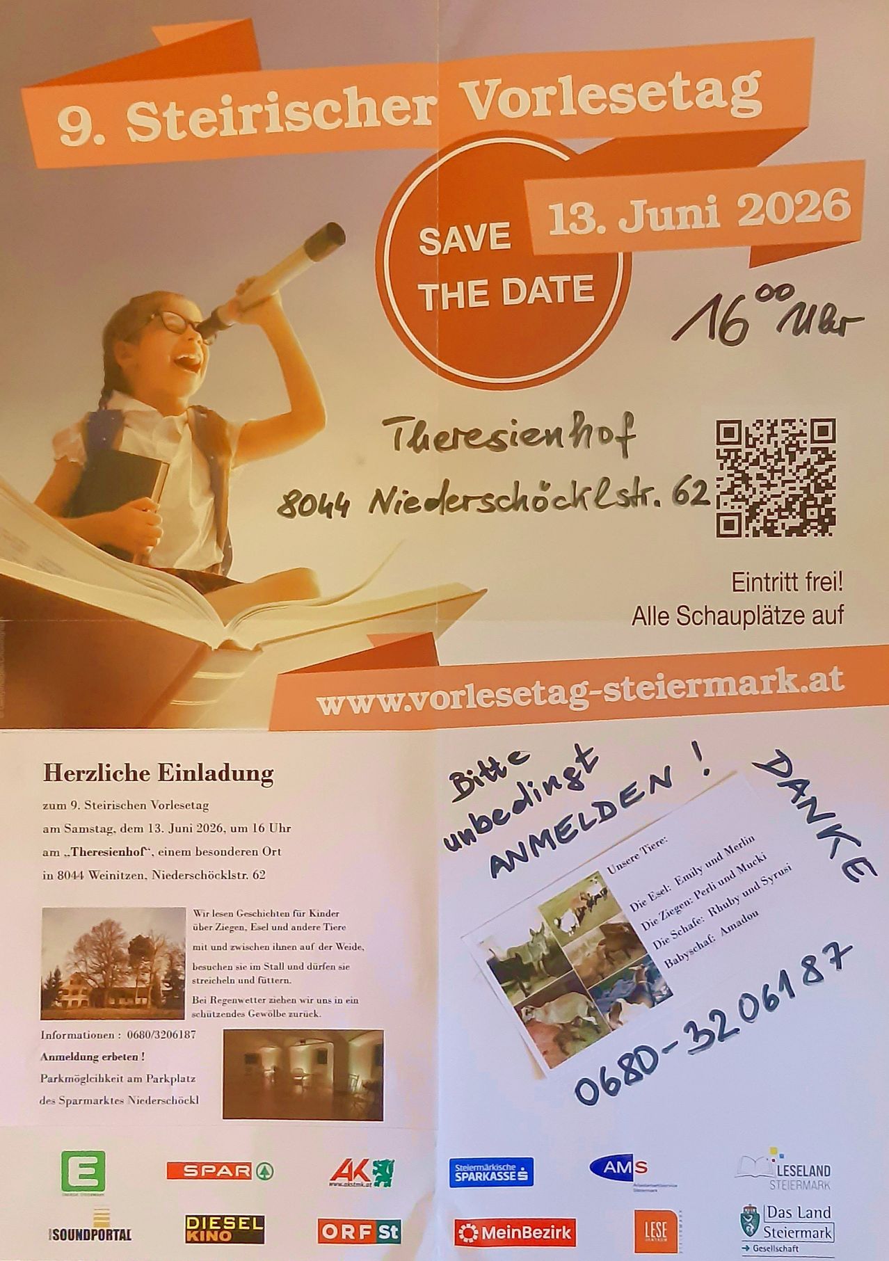 Poster zur Einladung zum Steirischen Vorlesetag am 13. Juni 2026. Das Plakat zeigt ein Mädchen mit Teleskop und der Text lädt zur Teilnahme ein. Der Ort ist Theresienhof, Weinitzen. Eintritt frei.