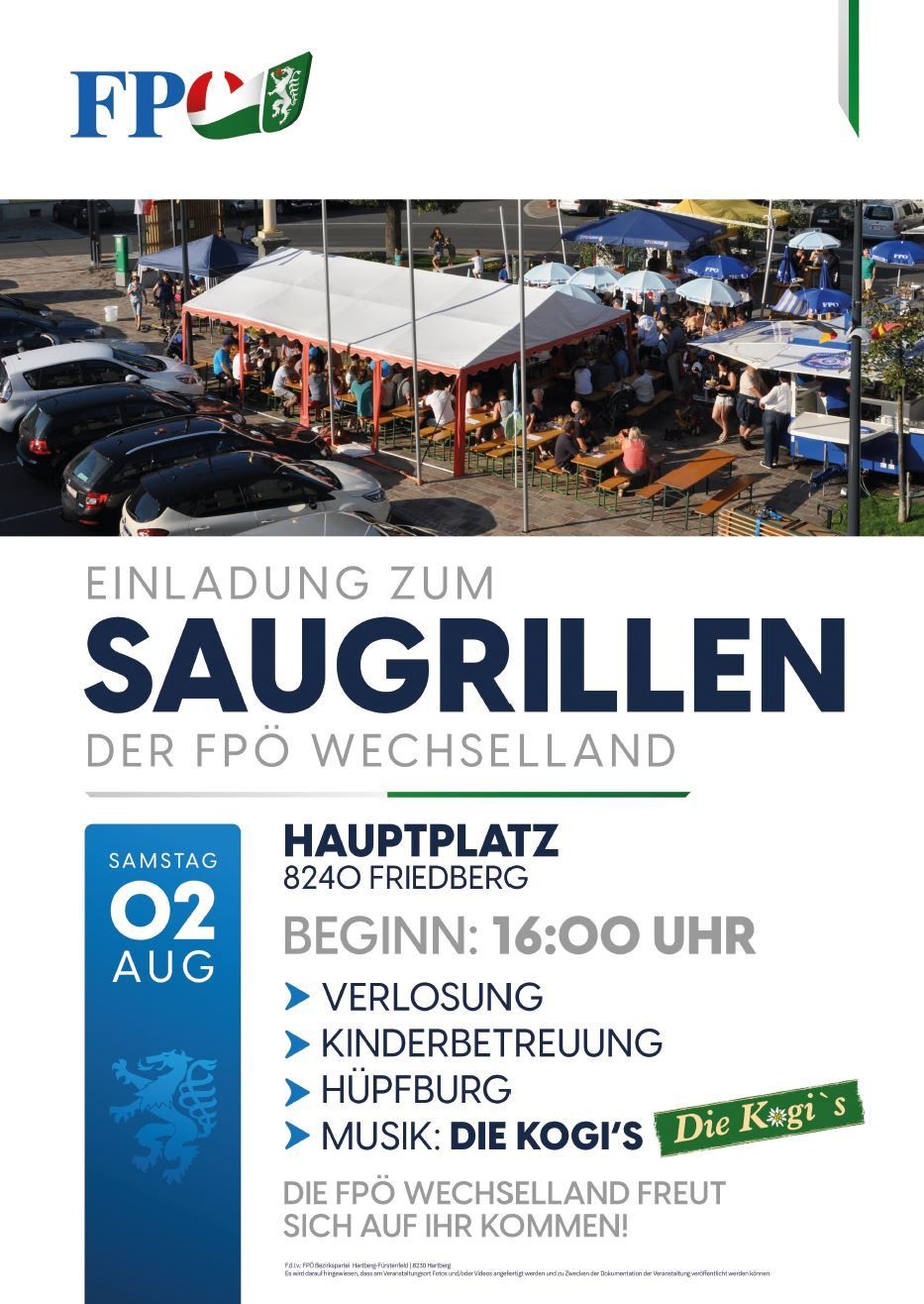 Ein Outdoor-Event zum Grillen auf dem Hauptplatz von Friedberg. Die Veranstaltung beginnt um 16:00 Uhr am Samstag, den 2. August. Merkmale umfassen Verlustprävention, Kinderbetreuung und einen Blick vom Hügel.