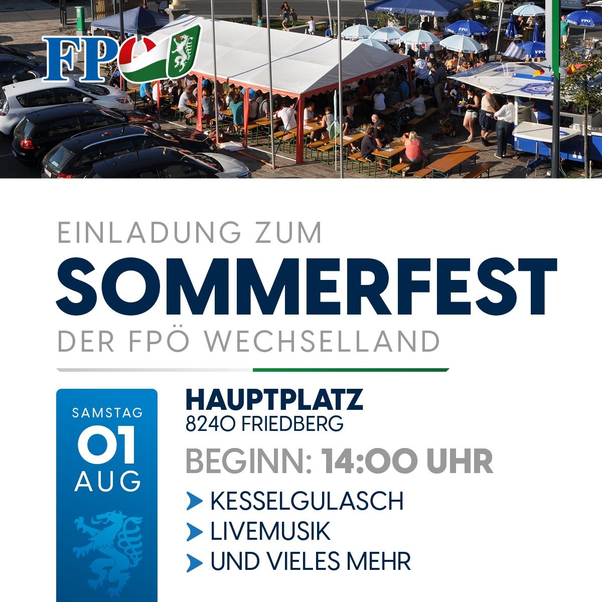 A flyer for the FDP Wechselland Summer Festival, featuring an outdoor dining area with tents, tables, and people. The flyer includes details such as the date, time, and location.