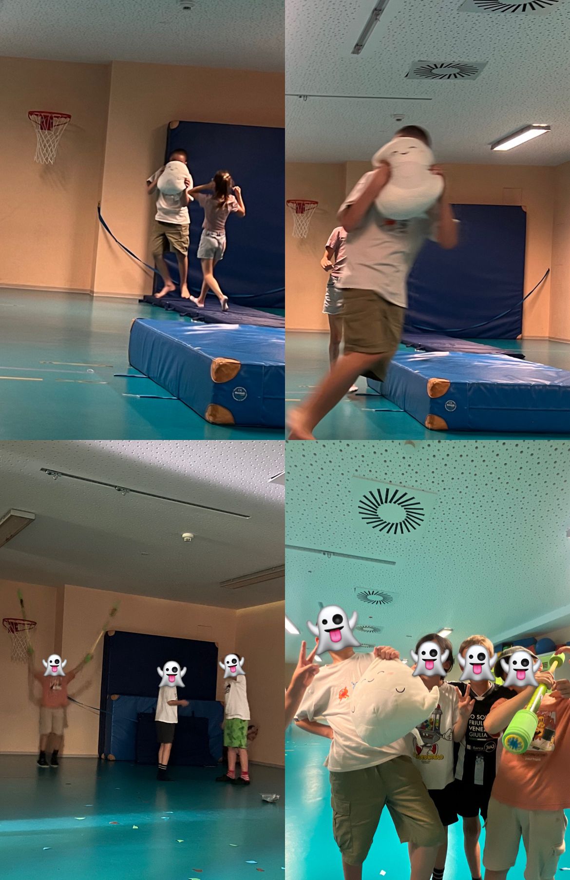 A collage of four images showing people in a gym. One image shows a man carrying a child on his back, another shows a man holding a stuffed toy, and the last two show people wearing ghost masks.