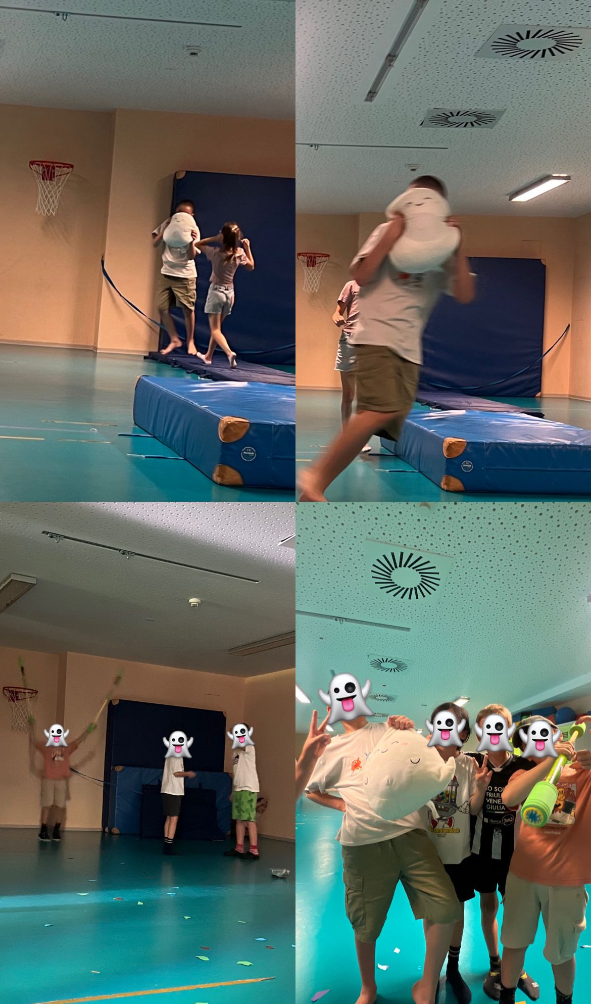 A collage of four images showing people in a gym. One image shows a man carrying a child on his back, another shows a man holding a stuffed toy, and the last two show people wearing ghost masks.