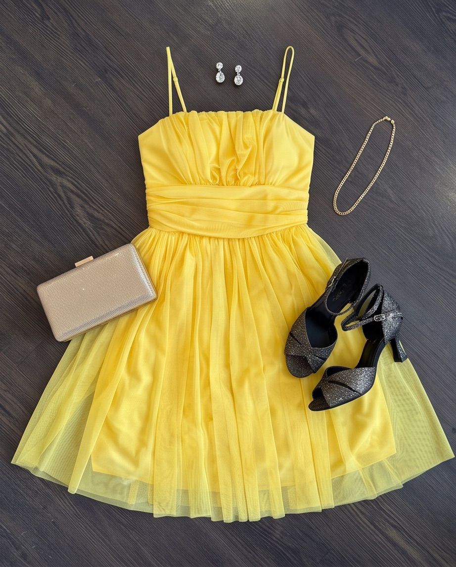 Ein gelbes Cocktailkleid mit einem Rüschenausschnitt, gepaart mit schwarzen High Heels, einer silbernen Clutch und einer goldenen Halskette.