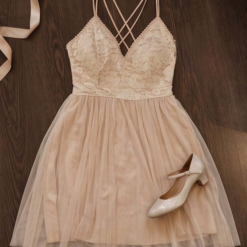 Ein beigefarbenes Spitzenkleid mit V-Ausschnitt und Tüllrock, begleitet von einem Paar silberner High-Heels, ruht auf einer Holzoberfläche.