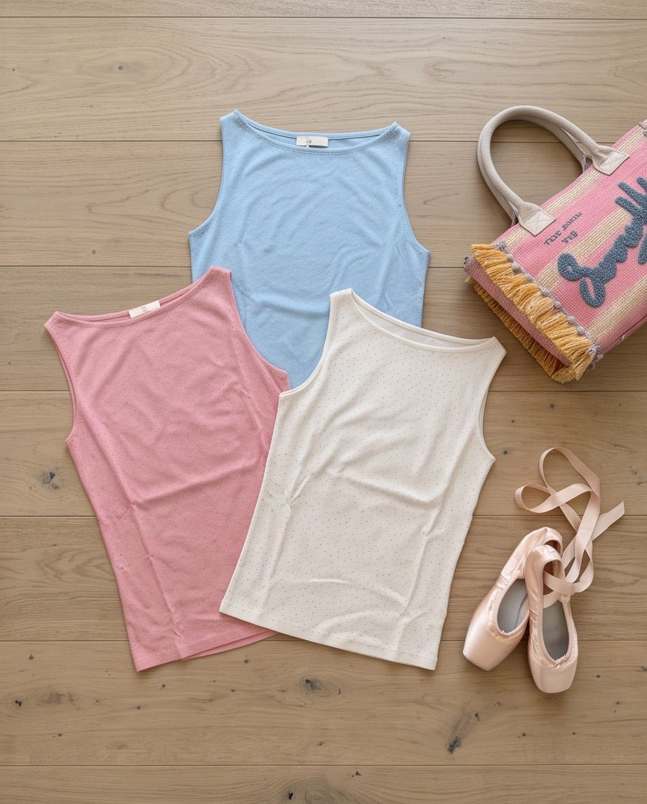 Drei ärmellose Tops in Hellblau, Rosa und Weiß, eine rosa Handtasche und Ballettschuhe auf einer Holzoberfläche.
