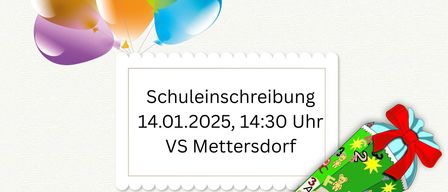 Plakat für die Schulanmeldung am 14.01.2025 um 14:30 Uhr, mit Luftballons, einem Umschlag und einem Stiftetui. ABC ist in bunten Buchstaben dargestellt.