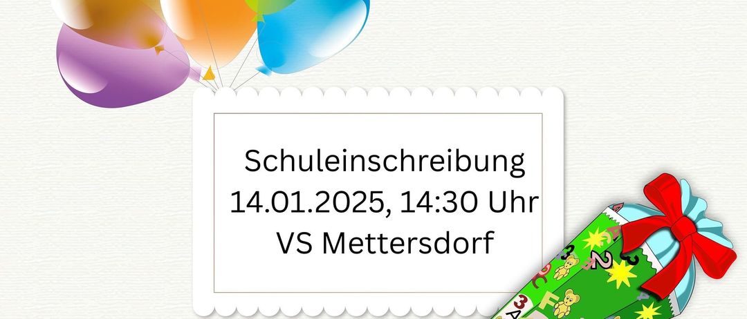 Plakat für die Schulanmeldung am 14.01.2025 um 14:30 Uhr, mit Luftballons, einem Umschlag und einem Stiftetui. ABC ist in bunten Buchstaben dargestellt.