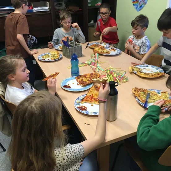 Furniture, Table, Dining Table, Pizza, Boy, Child, Male, Person, Female, Girl