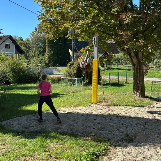 Ein Mädchen in einem rosa T-Shirt bereitet sich darauf vor, einen Ball in einem Park zu werfen, mit einem Baum und einer Schaukel im Hintergrund.