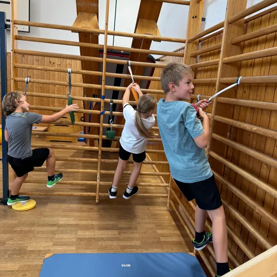 Drei Kinder klettern an einer Holzwand mit verschiedenen Klettergriffen.