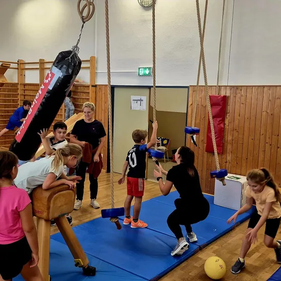 Eine Gruppe von Kindern und Erwachsenen befindet sich in einem Fitnessstudio und führt verschiedene Übungen durch. Einige benutzen einen Boxsack, während andere mit einem Ball und einer Matte spielen.