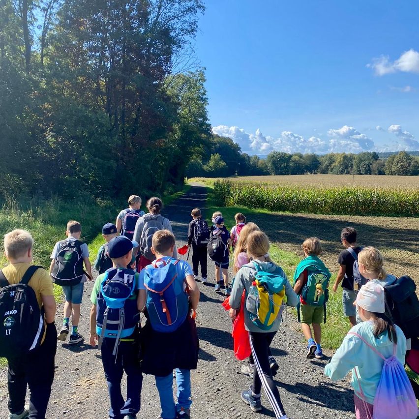 Eine Gruppe von Kindern mit Rucksäcken geht an einem sonnigen Tag einen Schotterweg durch ein grünes Feld.