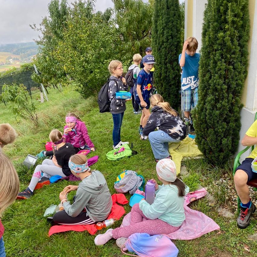 Eine Gruppe von Kindern sitzt auf einem Grashügel, einige essen, und im Hintergrund sind Bäume und Pflanzen zu sehen.