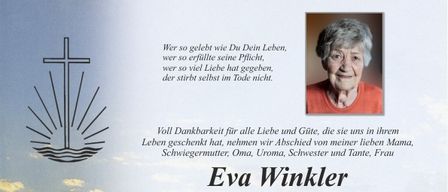 Todesanzeige für Eva Winkler, die im Alter von 90 Jahren verstarb. Trauerfeier am 3. Februar 2026. Die Familie bittet um Spenden für die Hauskrankenpflege.