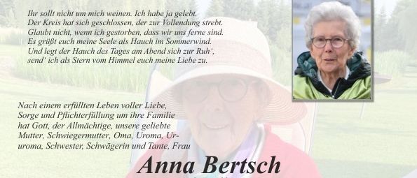 Ein Gedenkposter für Anna Bertsch, die am 29. Januar 2026 verstarb. Familie und Freunde versammeln sich für eine Trauerfeier in der Pfarrkirche Sinabelkirchen am 4. Februar 2026. Eine Trauermesse findet um 10 Uhr statt. Anna hinterlässt ihren Ehemann Erwin, Kinder, Enkelkinder und Urenkelkinder. Blumen und Spenden für die Kirche und Seniorenbetreuung werden erbeten.