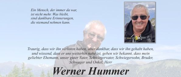 Ein Gedenkposter für Werner Hummer, der am 29. Januar 2026 verstarb. Es enthält die Termine und Zeiten der Beerdigung und des persönlichen Abschieds. Das Poster beinhaltet auch eine herzliche Botschaft und die Namen von Familie und Freunden.