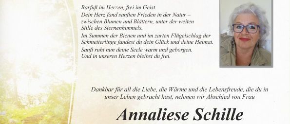 Annalilia Schiller, geboren in Glatz, ist am 16. Februar 2026 im Alter von 83 Jahren friedlich von uns gegangen. Die feierliche Zeremonie für unsere liebe Annalilia beginnt am Montag, dem 2. März 2026, um 10 Uhr in der Pfarkirche Stubenber. Nach der Zeremonie besteht die Möglichkeit, sich an der Urne zu verabschieden. Eine persönliche Abschiednahme ist am Montag, dem 2. März 2026, von 8 bis 10 Uhr in der Pfarkirche Stubenber am See möglich.