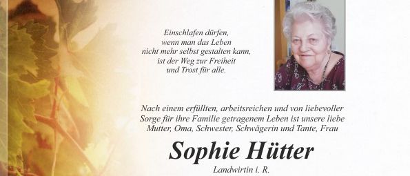 Traueranzeige für Sophie Hitter, eine 91-jährige Landwirtin, die am 25. März 2026 verstarb. Die Trauerfeier ist für den 28. März 2026 um 9:30 Uhr mit einem Rosenkranz auf dem Friedhof geplant.