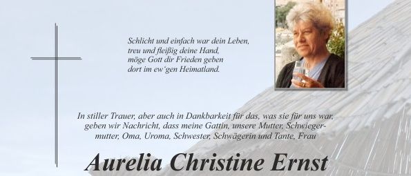 Todesanzeige für Aurelia Christine Ernst, verstorben am 25. März 2026. Gedenkfeier am 7. April 2026. Blumen und Spenden anstelle von Blumen sind willkommen.