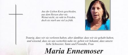 Funeral notice for Maria Ennemoser, who passed away on April 4, 2026, at the age of 70. The funeral service will begin on April 11, 2026, at 9:30 AM with a wreath-laying ceremony at the Pischelsdorf Peace Church. Family and friends can pay their respects from 8 to 9:30 AM. In memory, her family requests donations for burial costs.