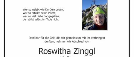 A funeral announcement for Roswitha Zinggl, born in Almer, who passed away on April 7, 2026. Her funeral is scheduled for April 15, 2026, at 11 AM in Pischelsdorf. A private farewell is possible from 8 to 11 AM.