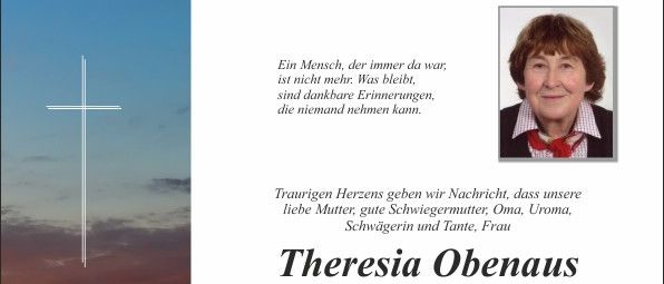 Ein Todesanzeige verkündet das Ableben von Theresia Obenhaus, Landwirtin, am 26. Mai 2026 im Alter von 89 Jahren. Eine Gedenkfeier findet am 30. Mai 2026 statt, gefolgt von der Beisetzung. Persönliche Abschiede sind am 29. Mai 2026 möglich, Blumen und Spenden sind willkommen.