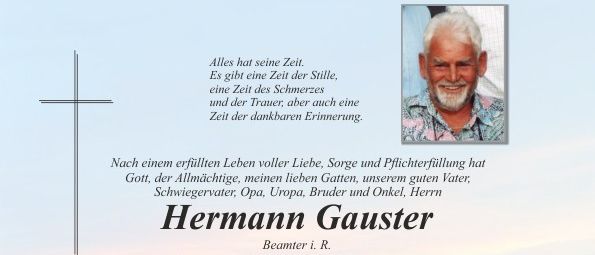 Ein Gedenkposter für Hermann Gauster mit seinem Foto, den Daten seines Todes und der Beerdigung sowie einer Bitte um Spenden für das Rote Kreuz anstelle von Blumen.