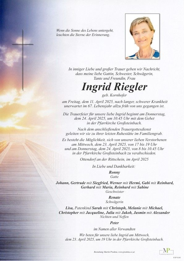 Ein Gedenkzettel für Ingrid Riegler, die am 11. April 2025 verstarb. Der Zettel enthält ein Foto von Ingrid, eine Nachricht voller Liebe und Trauer sowie Details zu ihrer Beerdigung und ihrem Abschied.