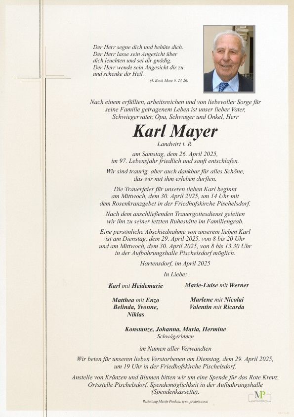 Traueranzeige für Karl Mayer, der im Alter von 97 Jahren verstarb. Details zur Gedenkfeier und Familieninformationen werden bereitgestellt.