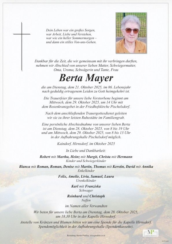 Traueranzeige für Berta Mayer, die im Alter von 86 Jahren verstarb. Der Trauergottesdienst findet am Mittwoch, 29. Oktober 2025, statt. Besuchstage sind am Dienstag, 28. und Mittwoch, 29. Oktober 2025. Beerdigung im Familiengrab.