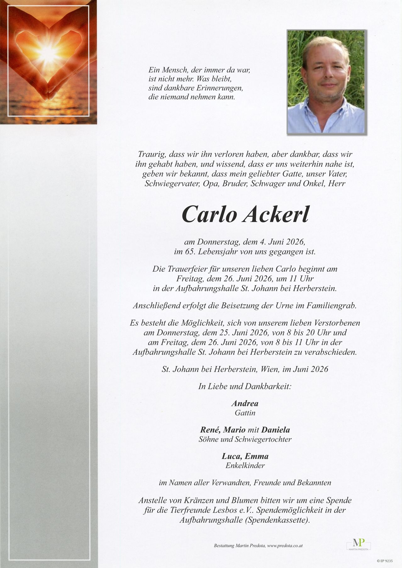 A funeral announcement for Carlo Ackerl, who passed away on June 4, 2026, at age 65. Visitation is on June 25 and June 26, and burial is on June 26 at St. Johann in Herberstein. In loving memory, Andrea and family.