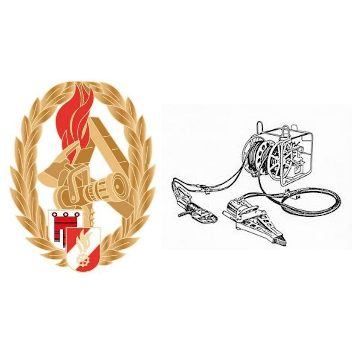 Ein Emblem mit einer Flamme und einem Zahnrad, umgeben von Blättern, neben einem Diagramm einer Kabeltrommel mit Drähten.