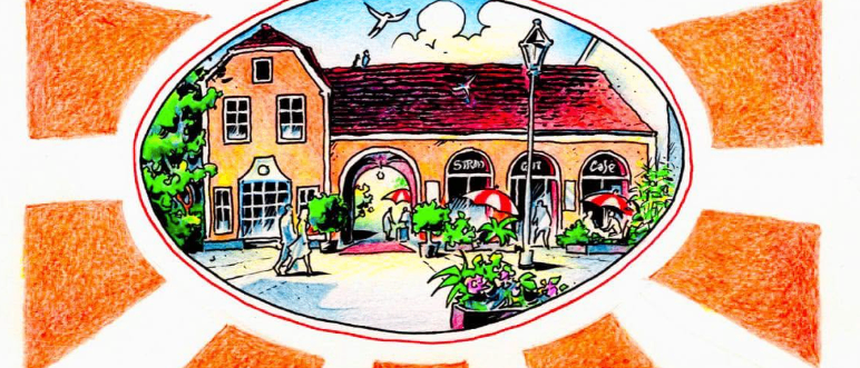Illustration eines Cafes namens StrandGut Kunst & Kultur Cafe. Es zeigt ein Gebäude mit rotem Dach, Menschen, die gehen, und Bäume.