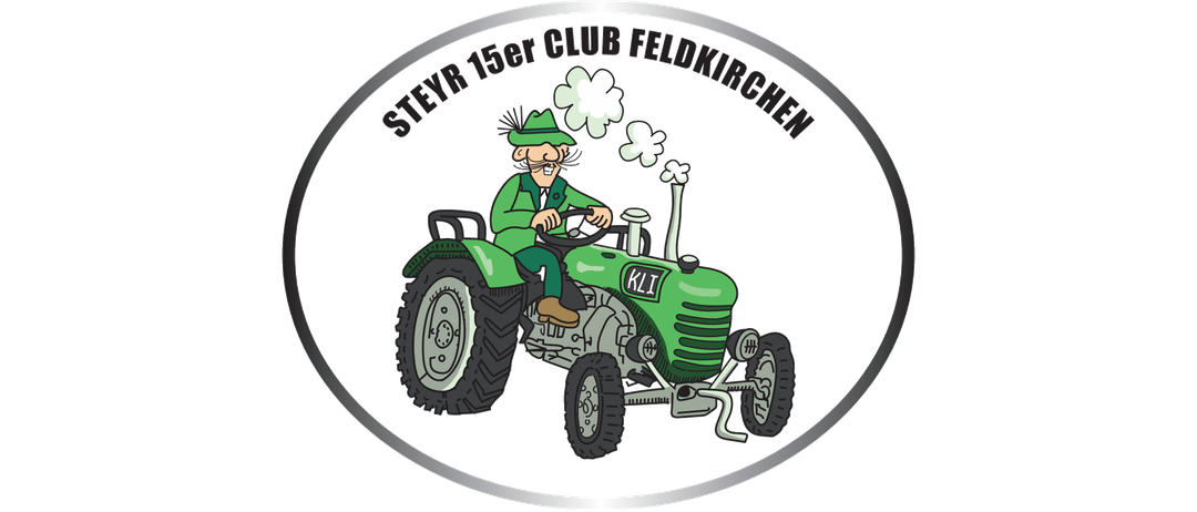 Eine Illustration eines Mannes, der einen Traktor mit den Worten 'Steyr 156er Club Feldkirchen' darüber fährt. Er trägt einen grünen Hut und eine grüne Jacke.